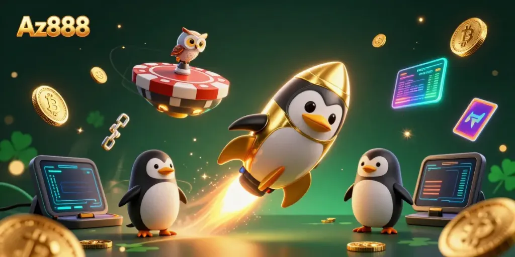 Experience Az888 with a rocket-powered penguin in a vibrant, cosmic casino scene.