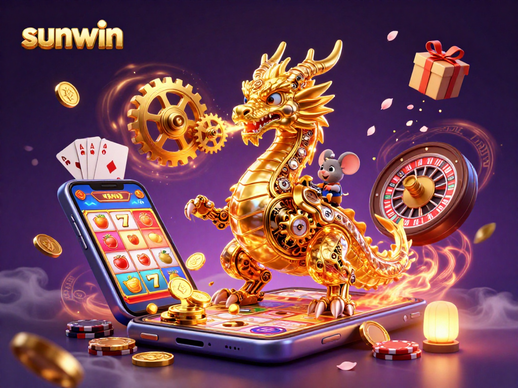 Catch thrilling slot spins with sunwin, featuring a golden dragon and colorful casino elements.