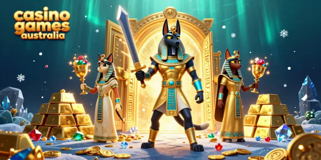 Engage in casino games Australia with 3D Anubis and treasures, showcasing dynamic elements and rich visuals.
