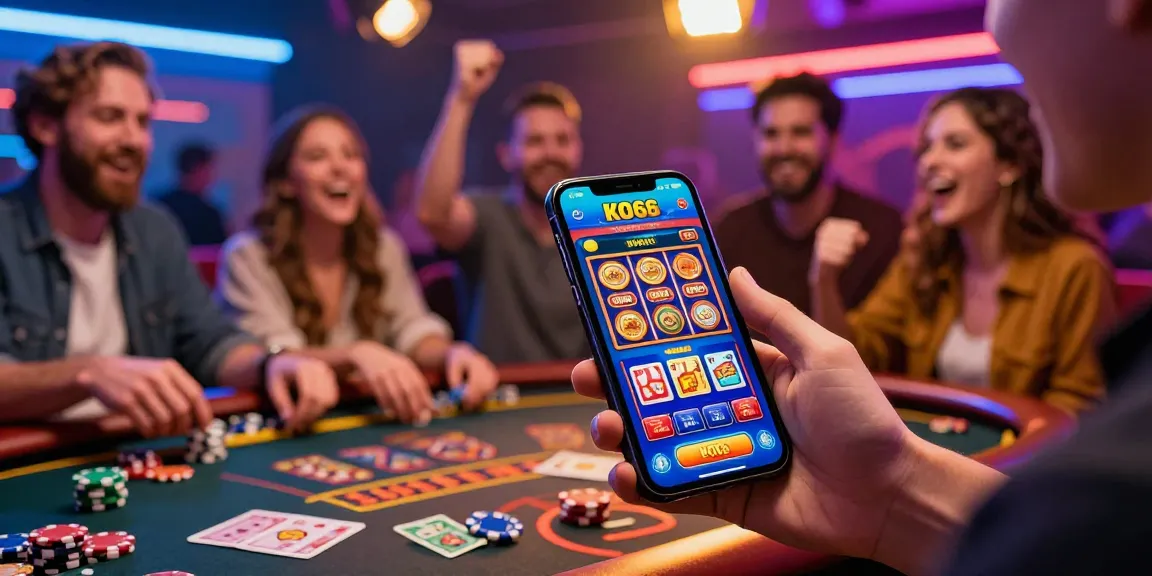 Engaged user excitedly exploring KO66 app interface amidst a lively casino atmosphere