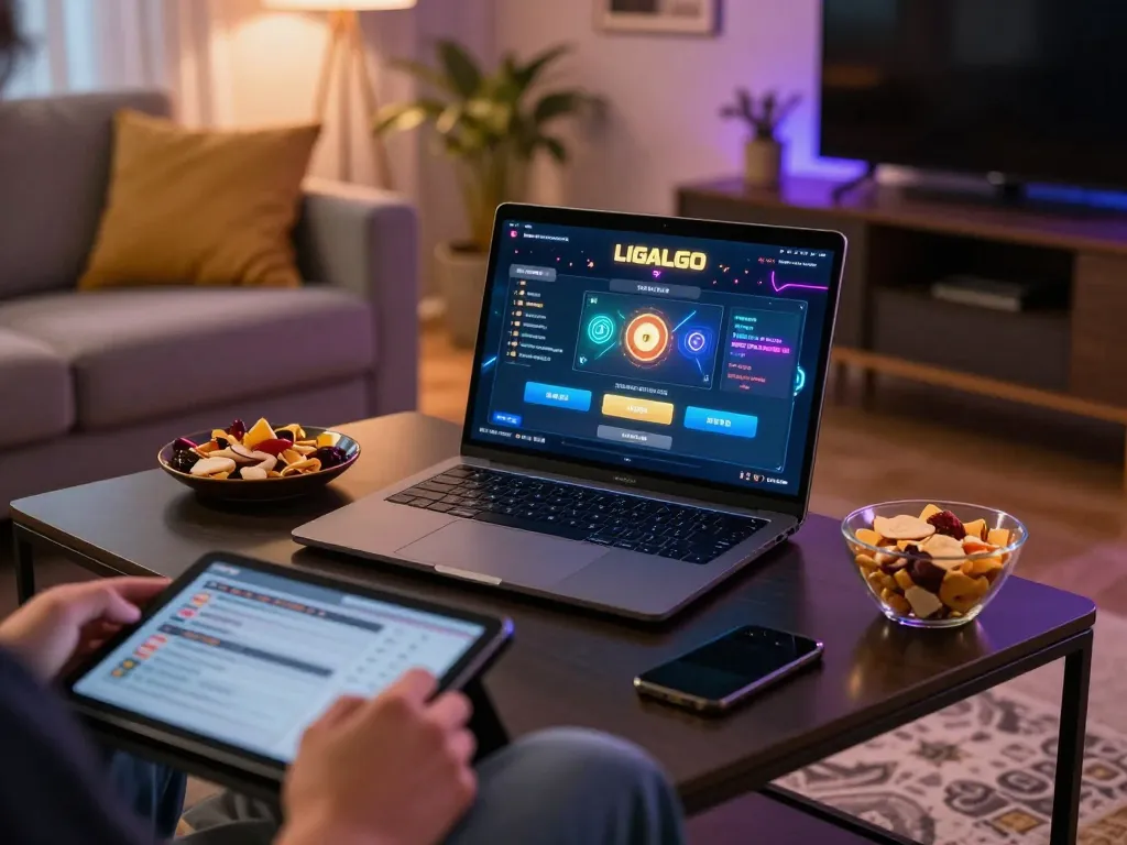LIGALGO SLOT player enjoying online gaming session in a comfortable home setup.