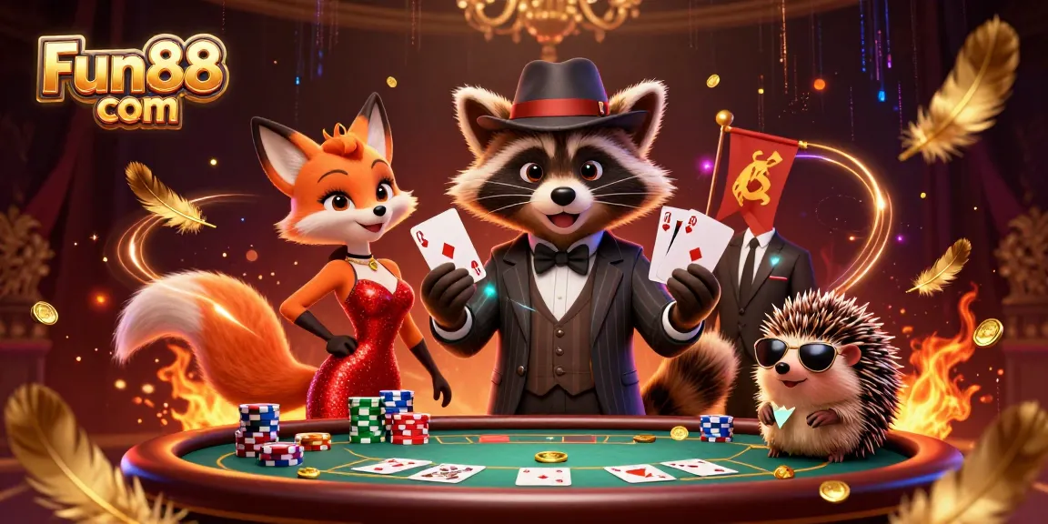 Experience thrilling poker action with Fun88 com featuring a suave raccoon, charming fox, and a hedgehog bouncer.