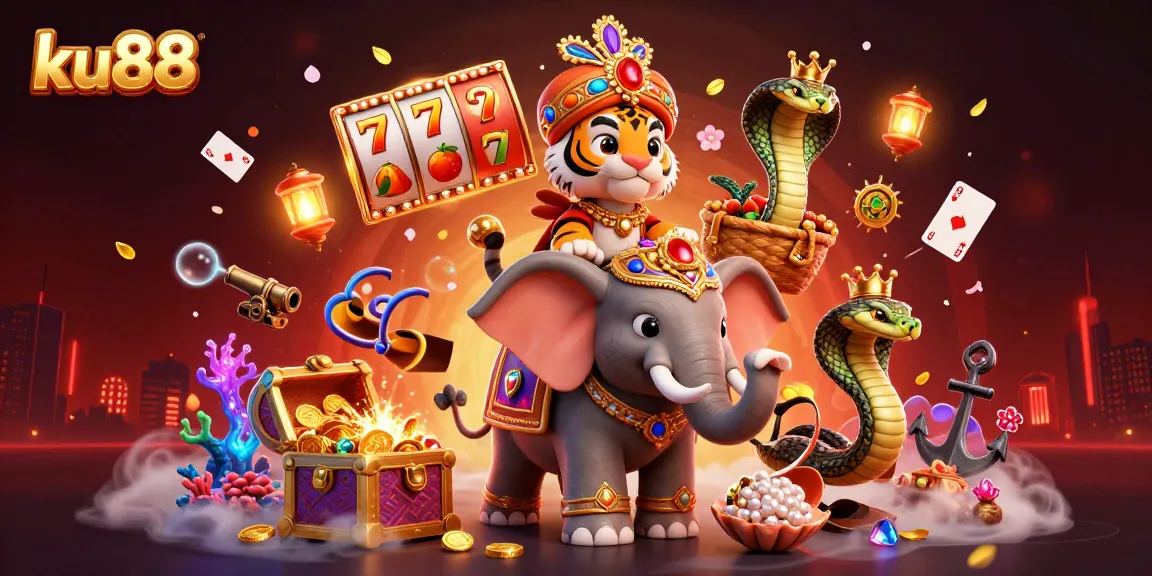 ku88 showcases a vibrant casino scene featuring a maharaja and elephant amidst jackpot reels and treasure.