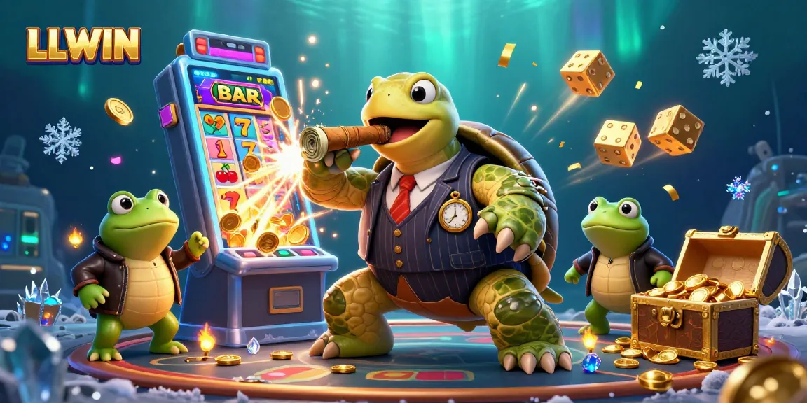 LLWIN showcases a vibrant casino scene with a massive turtle and enforcers amidst exploding jackpots and games.