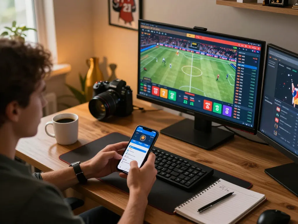 Person using the 789WIN app for online sports betting at home while reviewing strategic notes