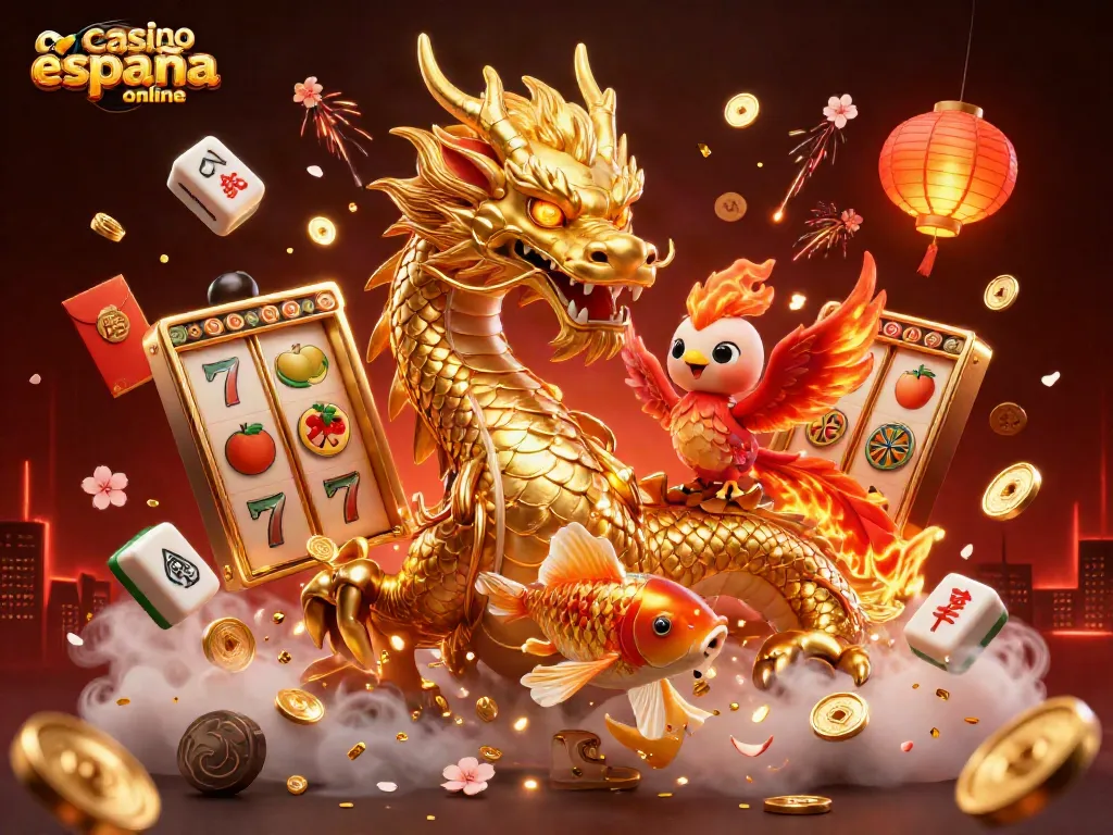 Juega en el casino españa online con un dragón dorado, un fénix y un koi sobre monedas brillantes.