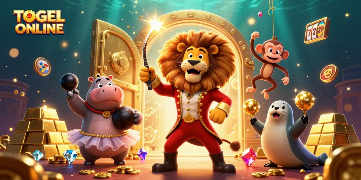 Engage in TOGEL ONLINE excitement with vibrant characters amidst sparkling riches and dynamic casino elements.