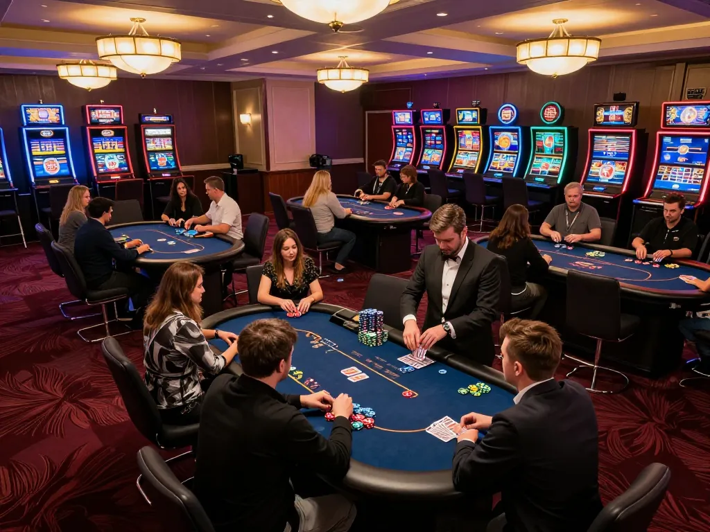 Players enjoying strategic poker at hitclub's vibrant casino floor.
