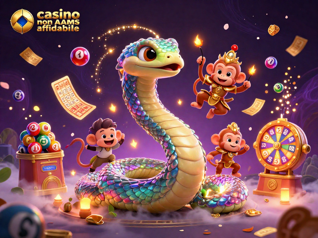 Illustra la bellezza del casino non AAMS affidabile con un drago arcobaleno e divertenti elementi di gioco.