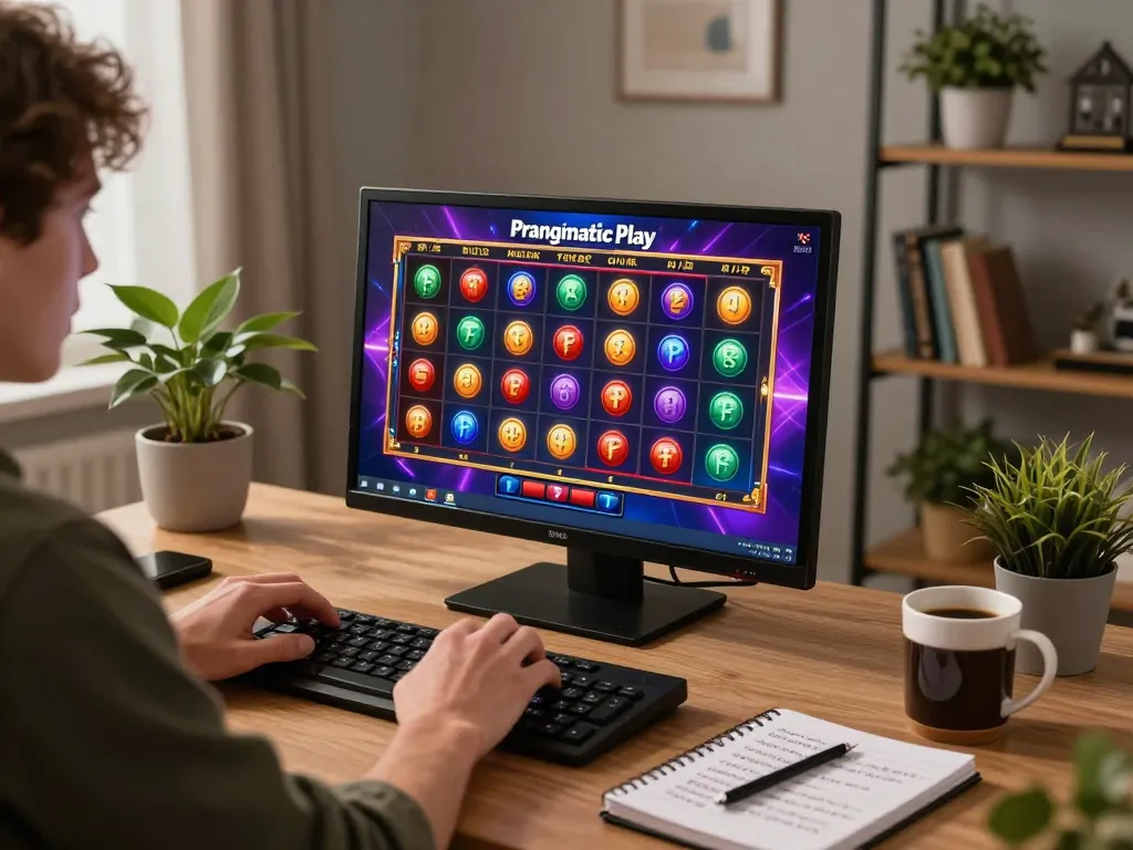 Engaged player spinning Pragmaticplay slots at home with strategic notes and vibrant visuals.