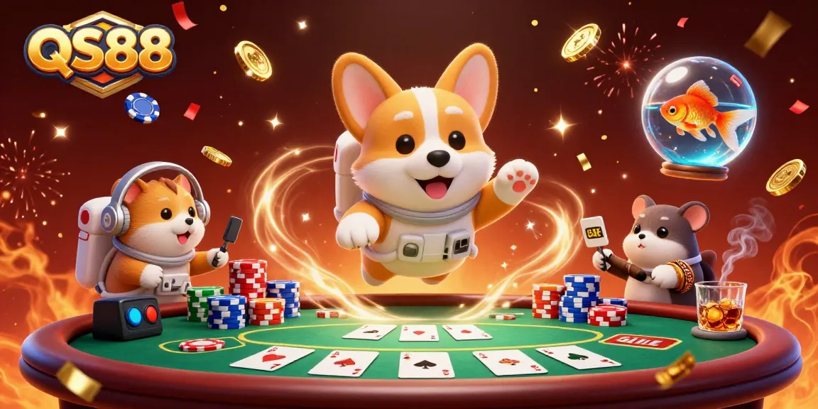 Experience the excitement of QS88 in a dynamic casino scene with animated characters and vibrant game elements.