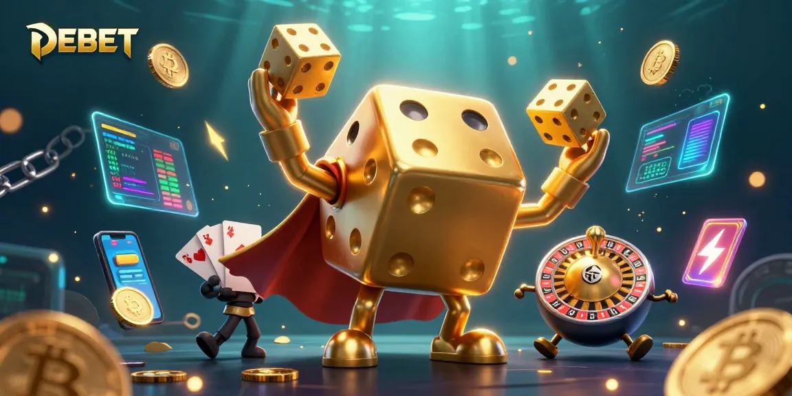 Engage with DEBET's thrilling casino experience showcasing dynamic characters juggling dice and currency elements.