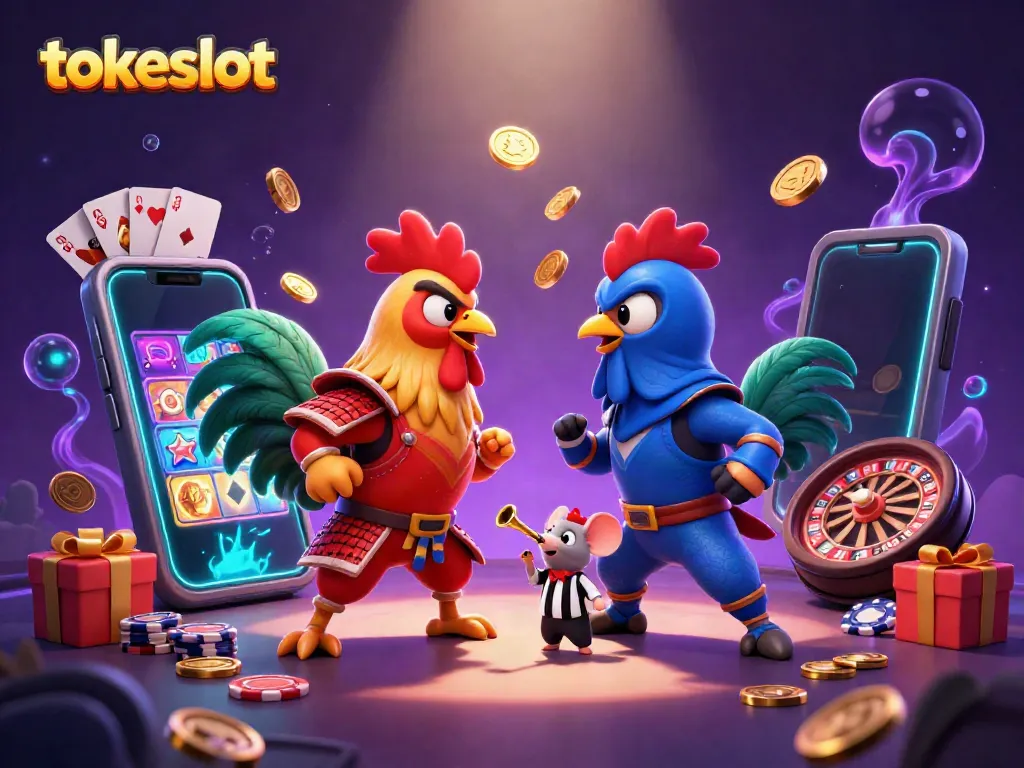 Engage with tokeslot's vibrant gaming experience featuring dynamic roosters in a dramatic standoff.