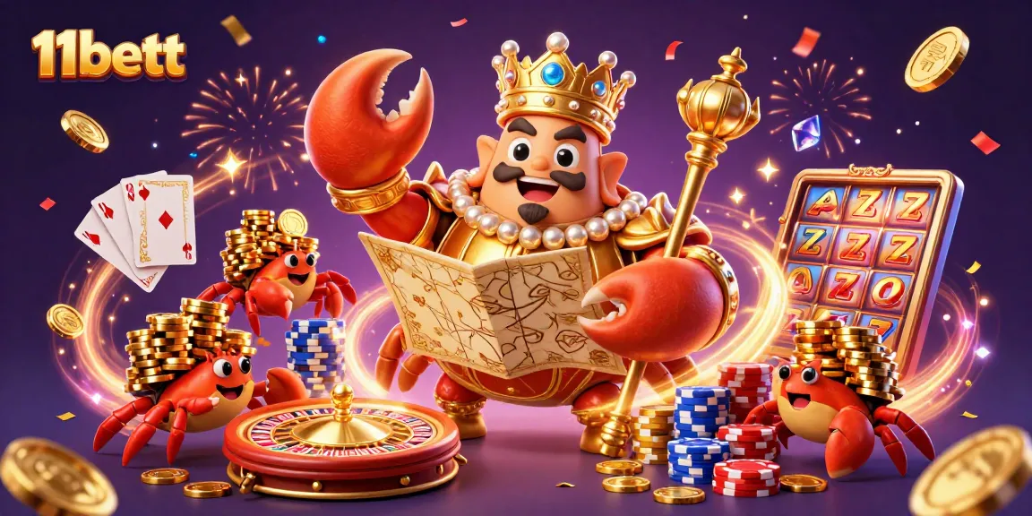 Spin the reels at 11bett with the golden crab emperor and treasures flying in a casino frenzy.