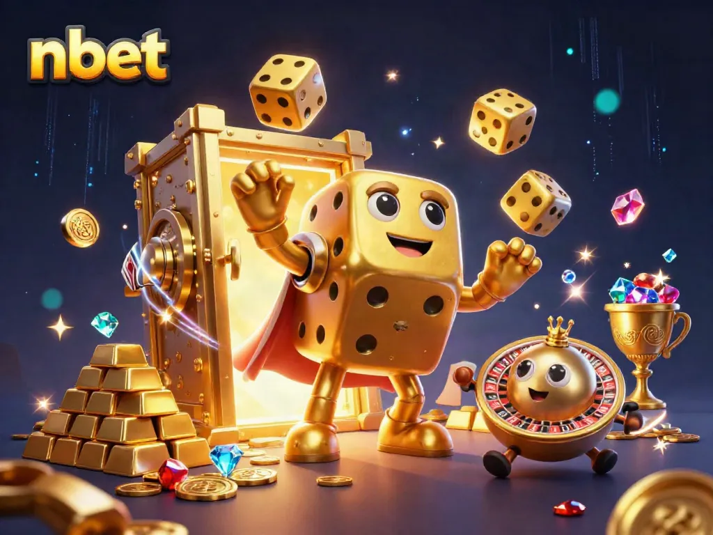 Experience the thrilling action at nbet with a whimsical illustration of a dazzling casino golem and dynamic elements.