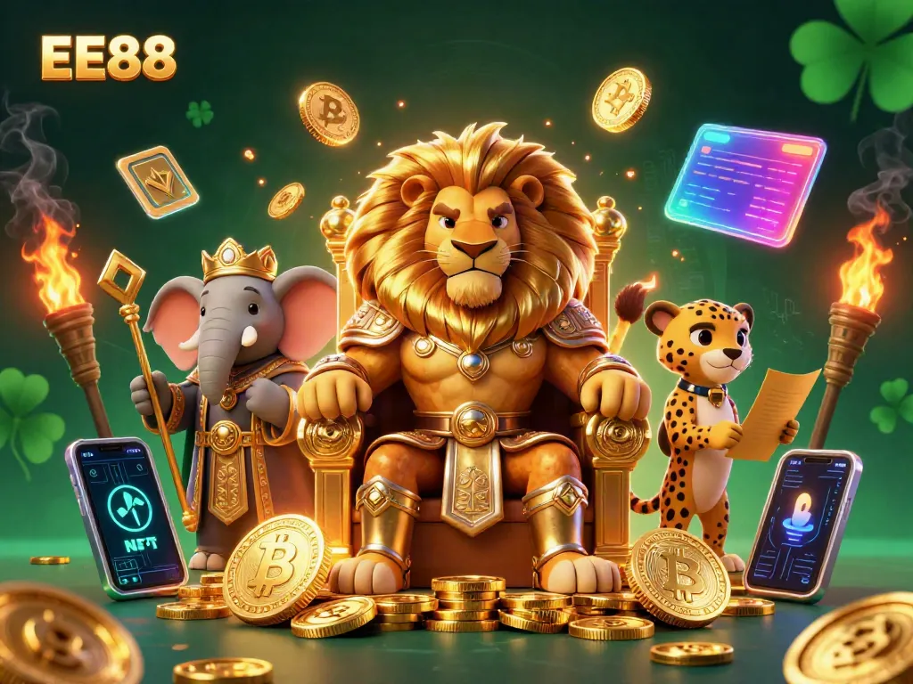 Engage with EE88, featuring a lion king on a throne amidst crypto elements for dynamic gambling excitement.