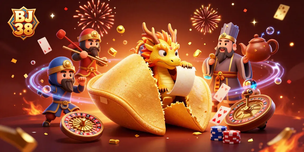 BJ 38 showcases exciting gameplay with a golden fortune cookie, cards, and vibrant celebratory elements.
