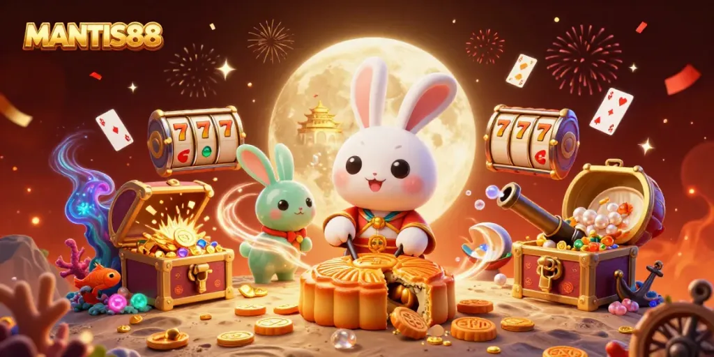 MANTIS88's enchanting lunar scene reveals poker chips from mooncakes, blending folklore and gaming.