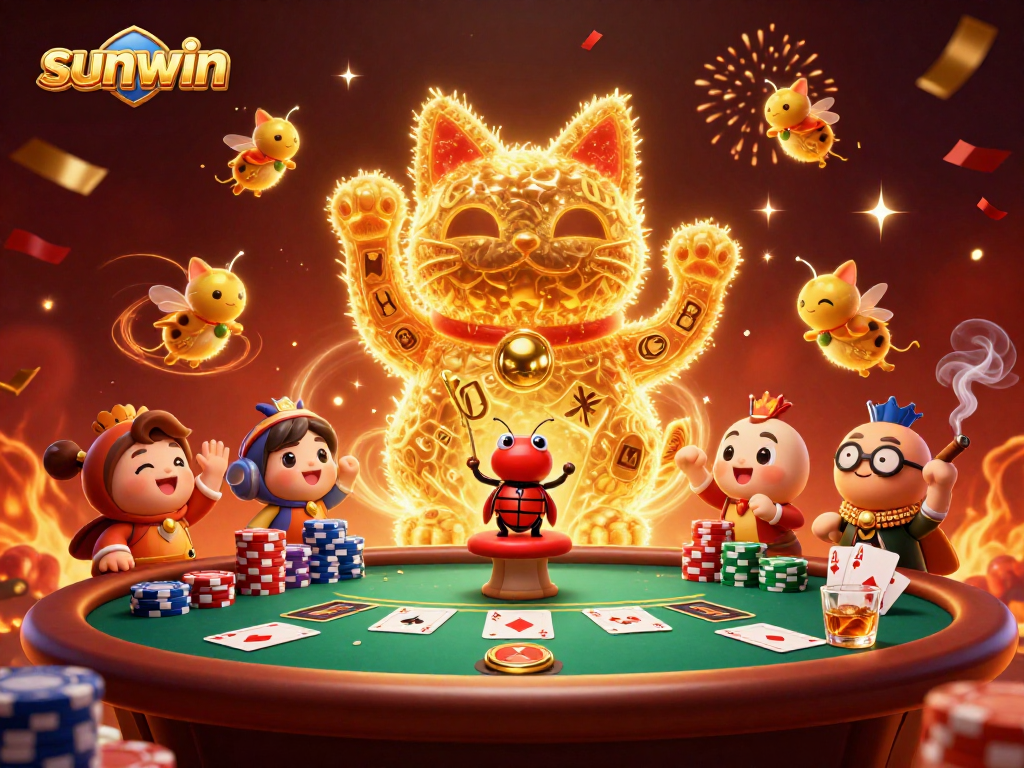Join the excitement at sunwin with a cartoon lucky cat made of fireflies at a vibrant poker table.