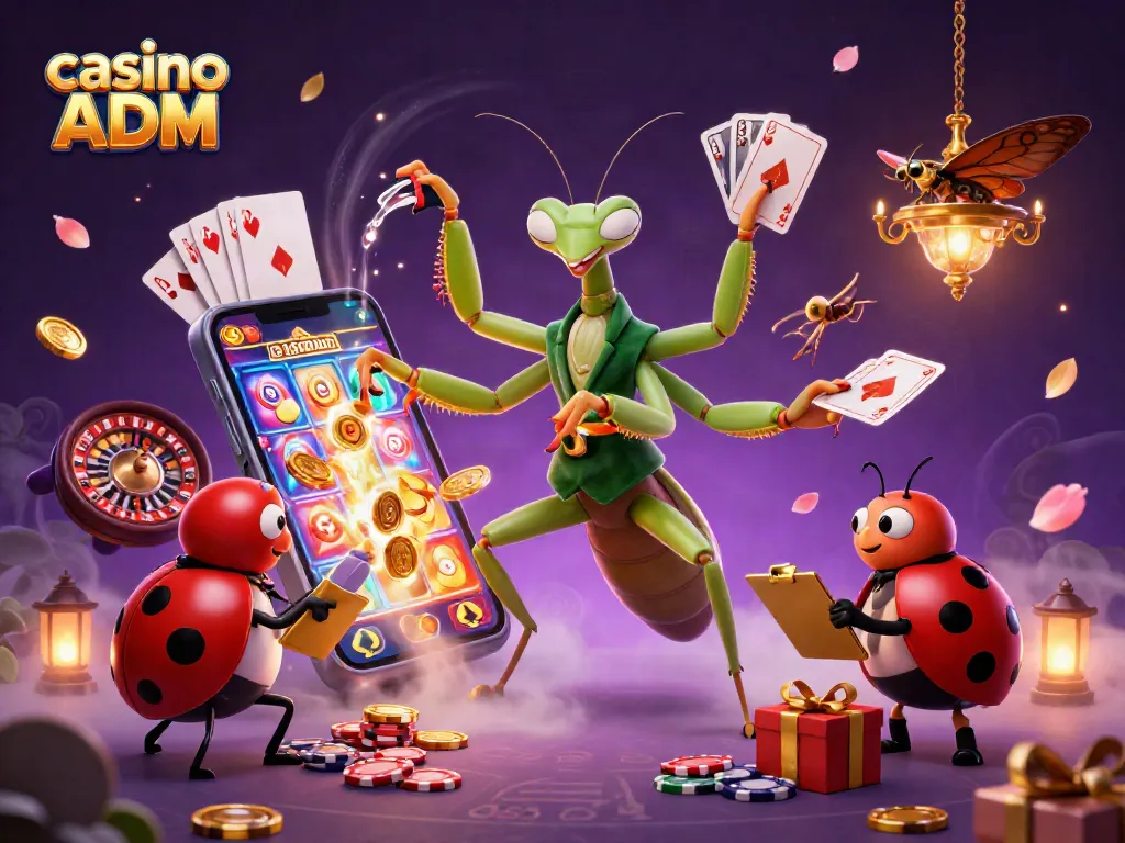 Scopri casinò non ADM mentre un mantide gigante gioca e distribuisce carte, circondato da elementi di gioco