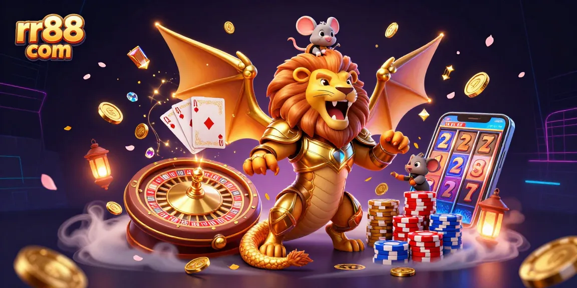 Win with rr88 com while enjoying a vibrant 3D casino scene filled with golden coins and exciting game elements.
