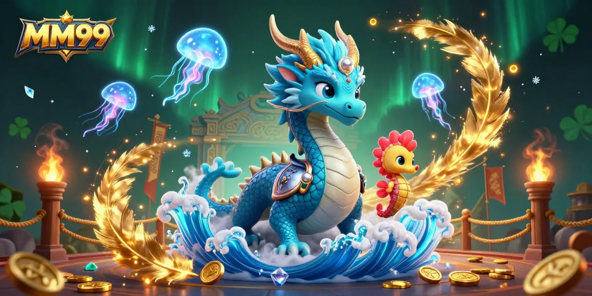 Experience thrilling gaming action with MM99's dynamic illustration of a dragon, knight, and jellyfish.