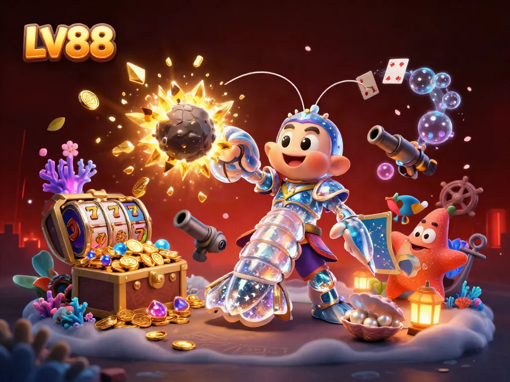 Win big with LV88 while the galactic samurai mantis shrimp unleashes treasures in this vibrant casino illustration.