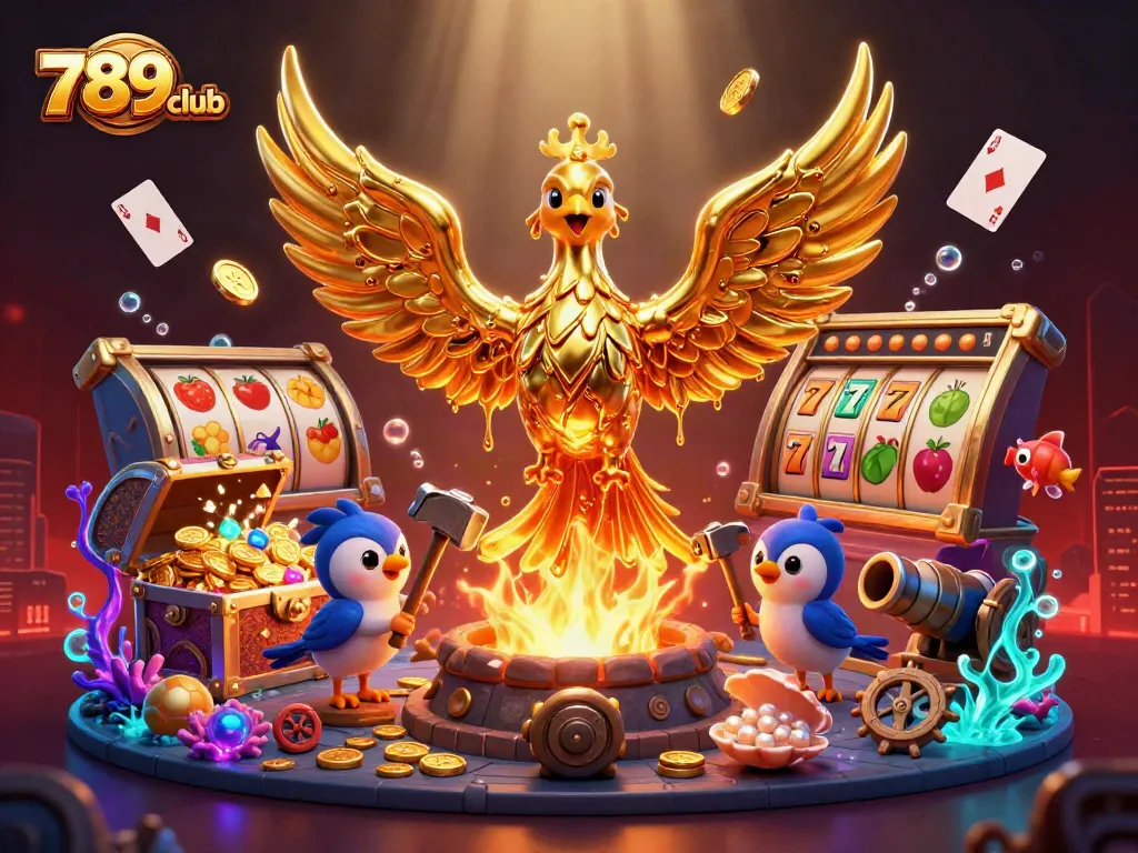Play exciting games at 789club with golden phoenix and dynamic slot elements in a vibrant scene.