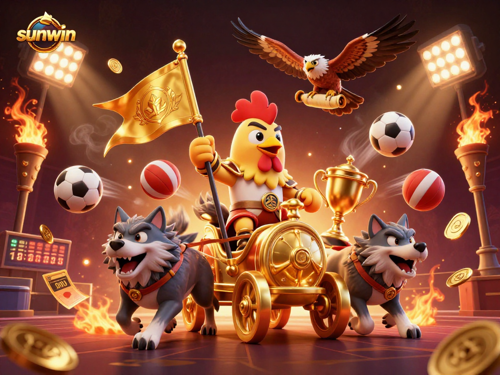 Experience thrilling gameplay at sunwin with a dynamic scene featuring a rooster warlord and sports elements.
