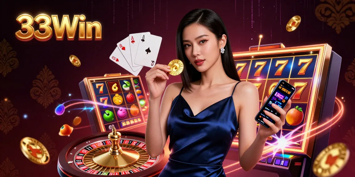 Experience dynamic slot gaming with 33Win's stunning 3D casino illustration featuring a confident player.