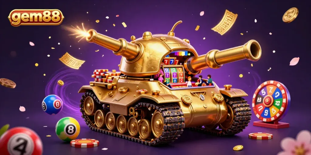 Experience thrilling gameplay at gem88 with a stunning 3D casino illustration capturing vibrant slot games and dynamic action.