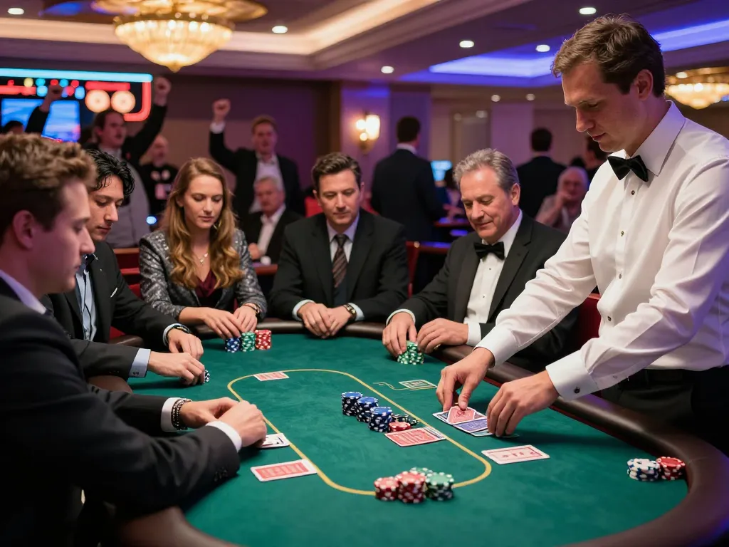 Engaged players at a poker table in an upscale casino, emphasizing bestweddingbackdrops for event decor and atmosphere