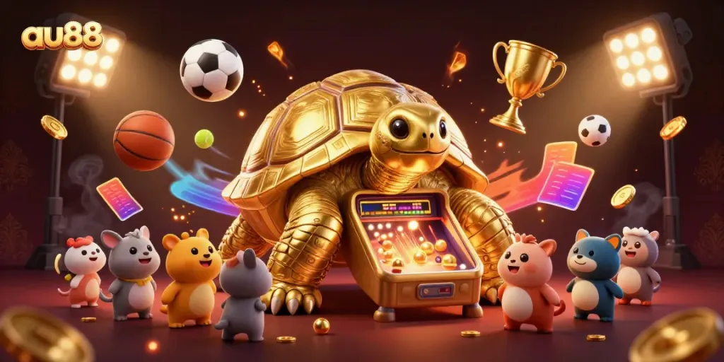 Experience thrilling gameplay at au88 with vibrant characters and dynamic sports elements in a whimsical casino scene.