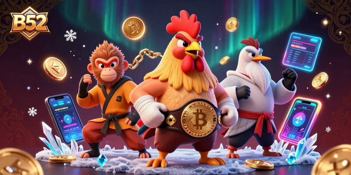 Bet on B52 with fierce rooster, monkey, and crane in an exciting 3D casino digital art scene.