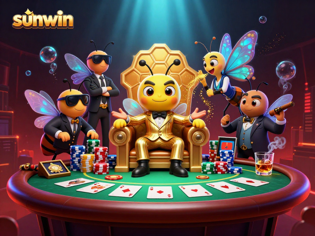 sunwin casino scene featuring a bumblebee mob boss and poker action in a vibrant throne room