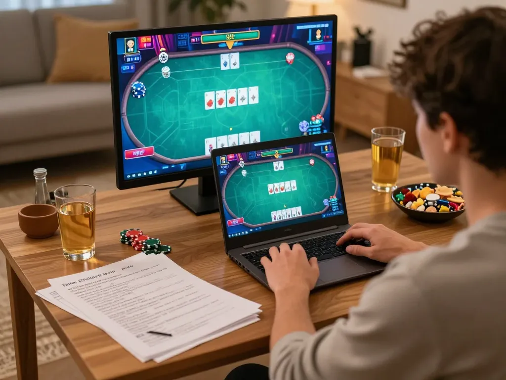 Engaging online gameplay at home during arabemtechconference, showing a player strategizing for poker.