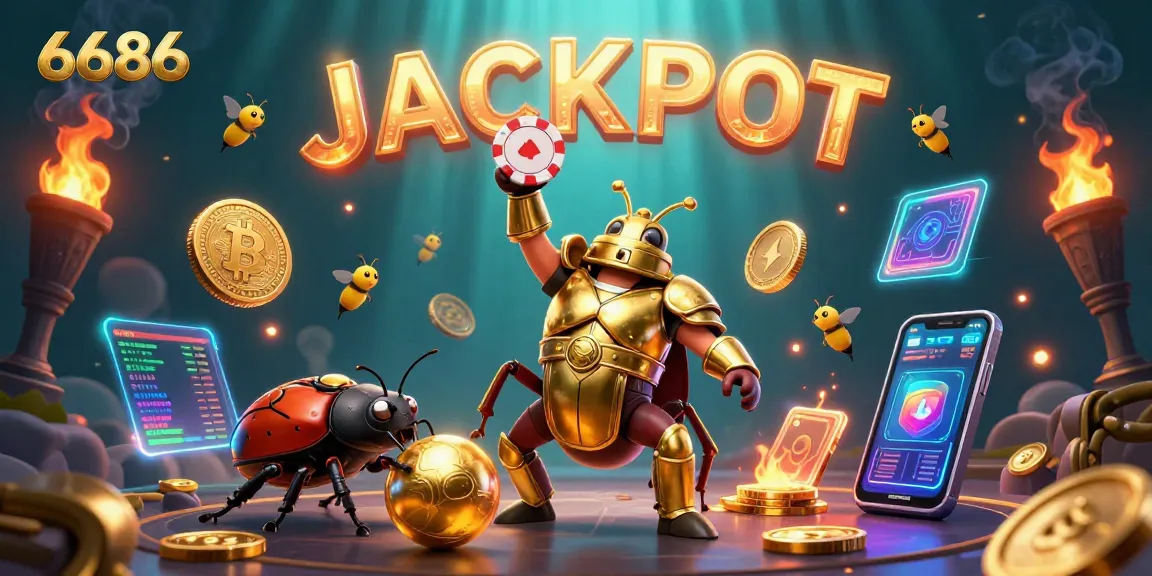 Experience the thrill of 6686 casino with golden beetles in gladiator armor and crypto elements.