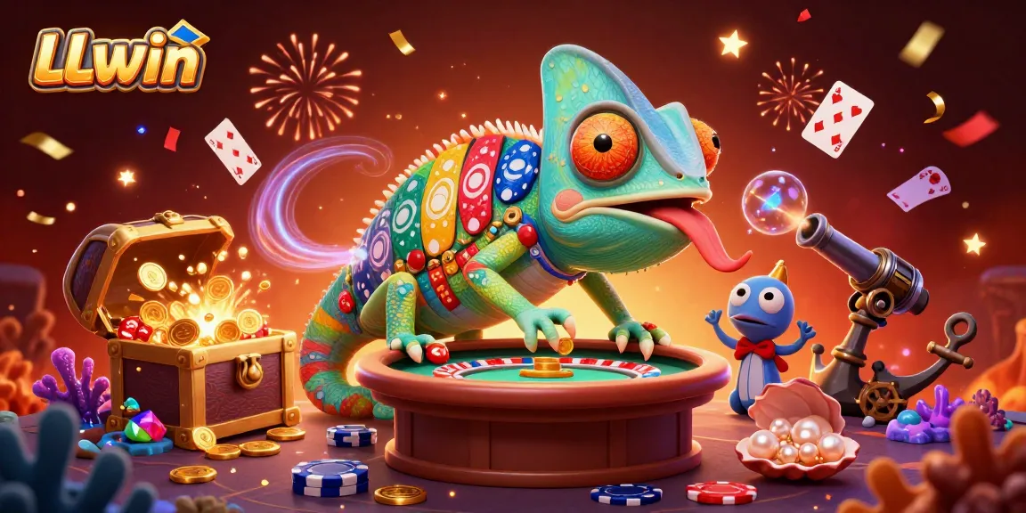 Win big at LLwin with vibrant casino-themed illustration showing a chameleon casino owner surrounded by excitement.