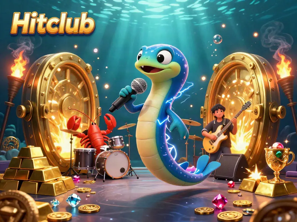 Experience the excitement of Hitclub with a vibrant underwater casino scene featuring DJ eel, lobster drummer, and seahorse guitarist.