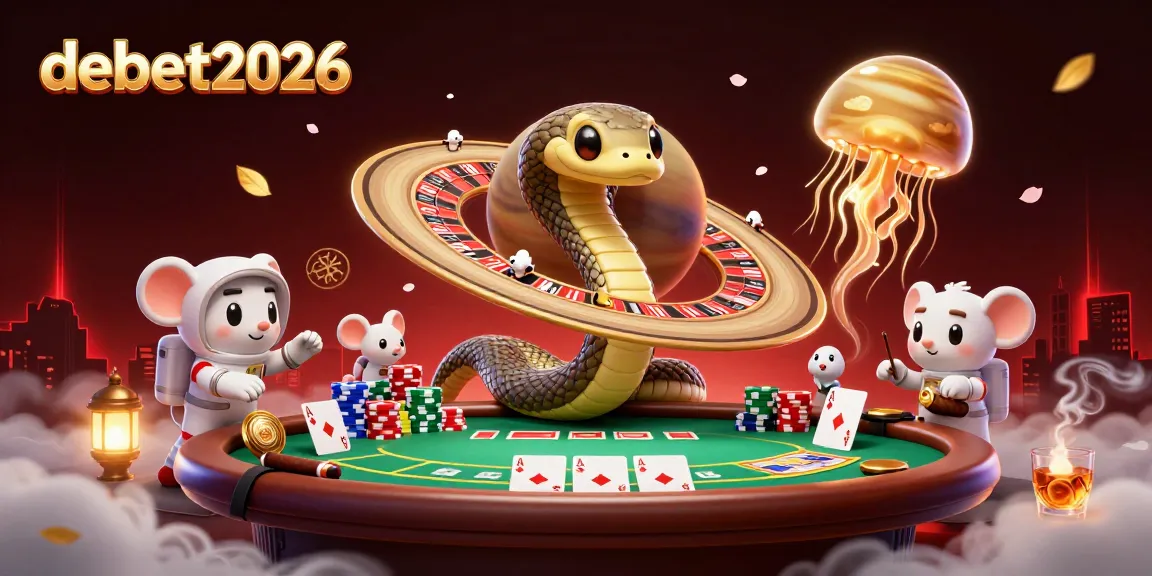 Engage with debet2026 in a cosmic gambling scene featuring a roulette wheel and astronaut mice.