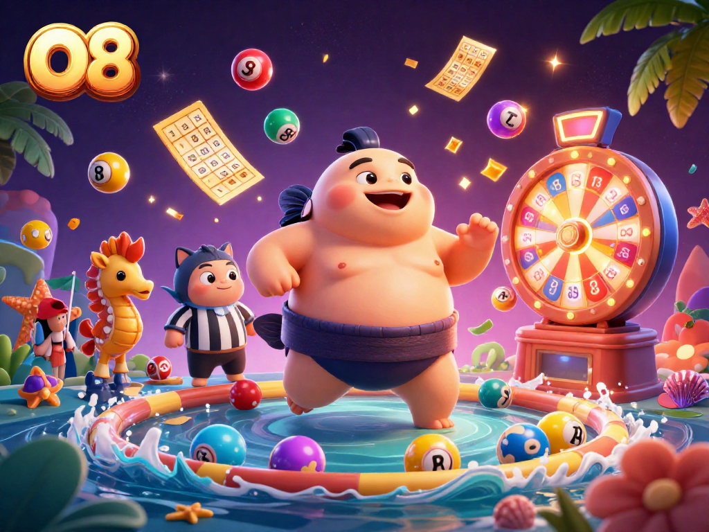 O8 offers dynamic lottery games with vibrant characters like a fugu and catfish, celebrating wins!