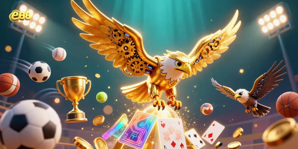 Experience thrilling sports bets with ea88’s dynamic golden eagle mascot amidst flying cards and vibrant sports elements.