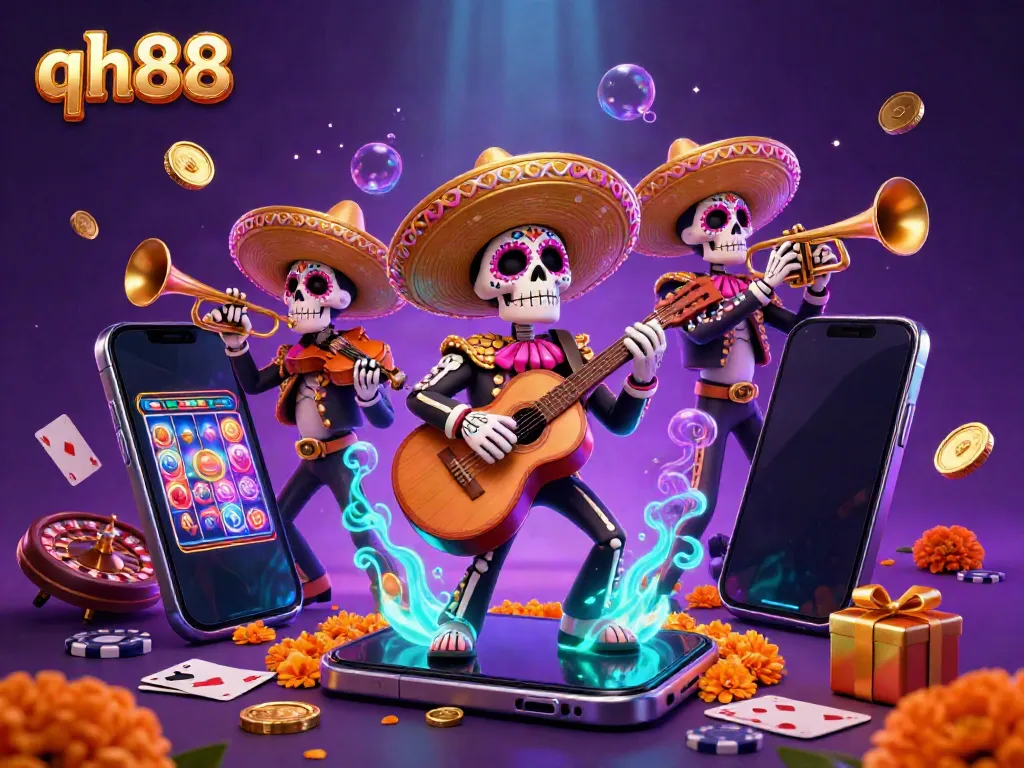 Experience thrilling games at qh88 with a vibrant mariachi band surrounded by dynamic casino elements.