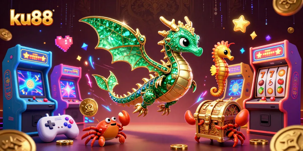 ku88 enchanting sea dragon illustration showcasing a vibrant casino experience with slot reels and treasure