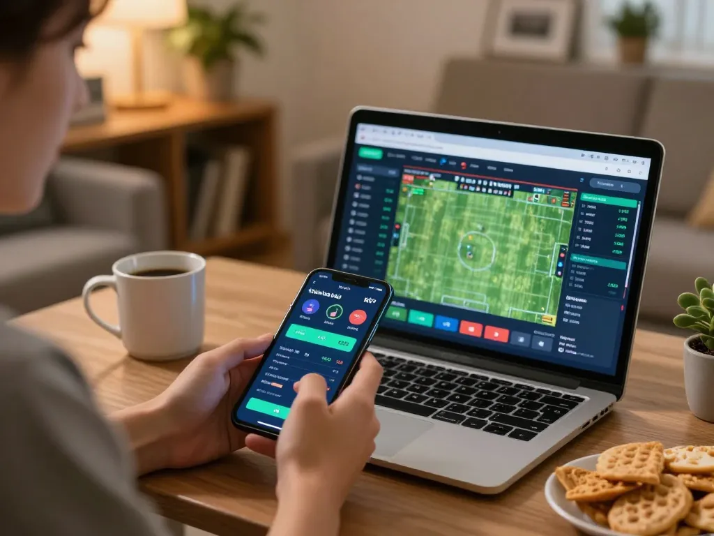 Engaging with kèo nhà cái interface on smartphone for live sports betting in cozy home environment