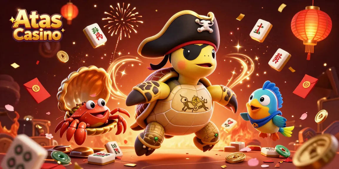 Atas Casino features a 3D turtle, crab, and parrotfish celebrating over floating treasures.
