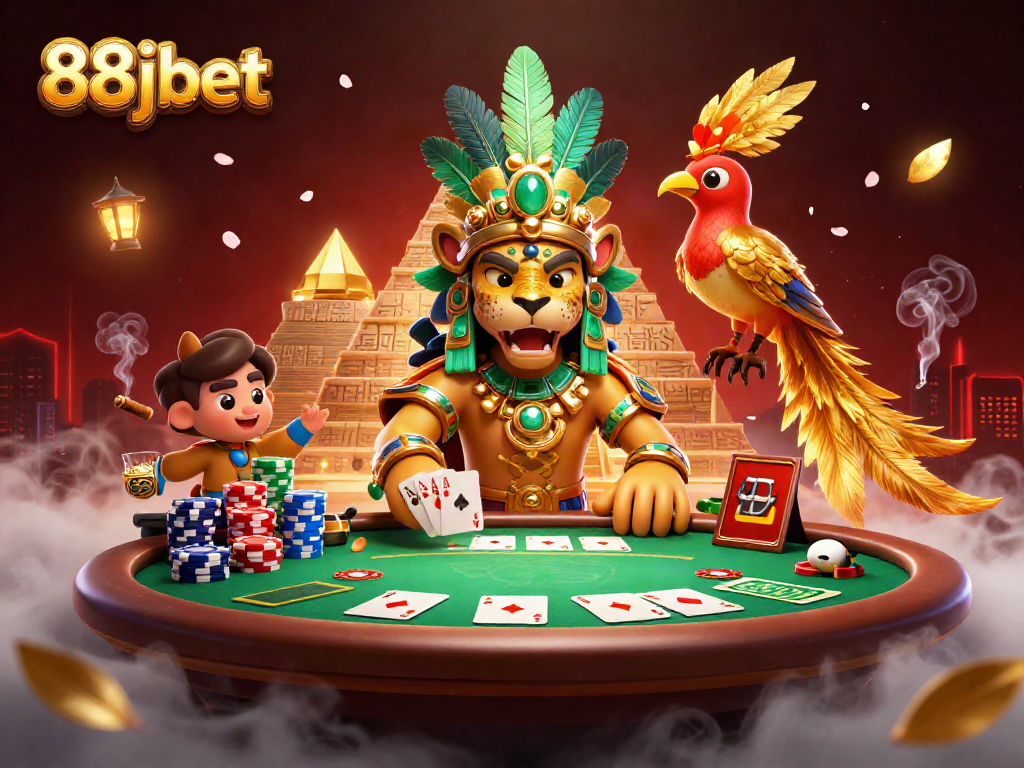 Experience 88jbet's thrilling poker scene with a Mayan priest and quetzal bird in vibrant 3D.