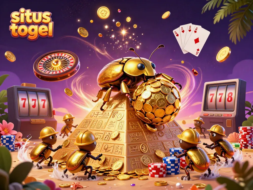 Engage with situs togel through vibrant 3D illustration featuring a golden beetle and casino elements.
