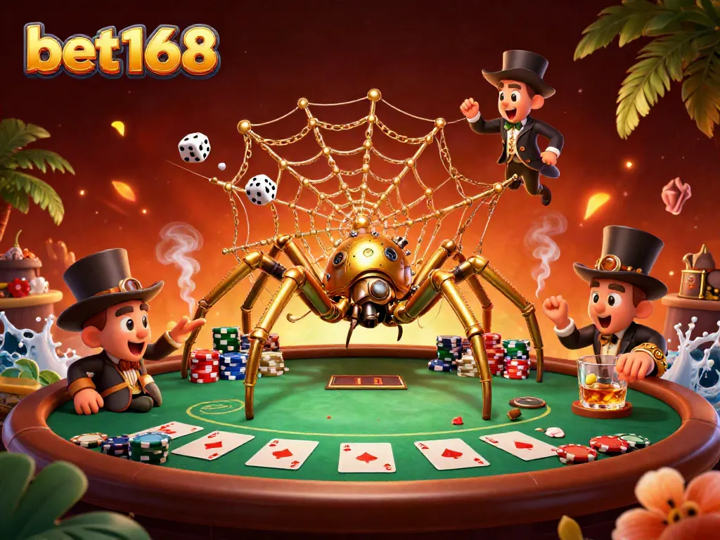 Explore bet168's vibrant casino scene with a lively golden spider and poker games