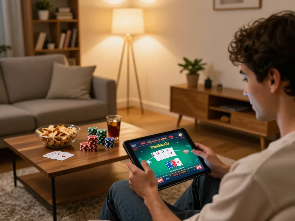 Player engaging with a poker game on their tablet, showcasing Thương hiệu MM88 in a cozy home setting.